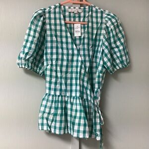 LOFT Size XS Plaid Green Ivory Wrap Flutter Sleeves Top V Neckline Tie Waist New